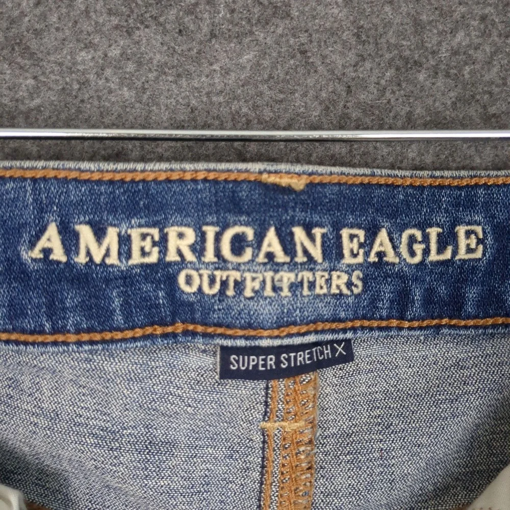 American Eagle Super‎ Stretch X Denim Mini Skirt Blue Distressed Raw Hem Size 2